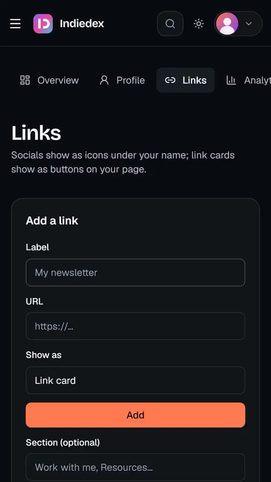 The Links dashboard