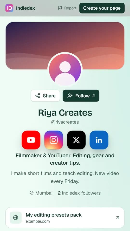 A creator page with socials and links