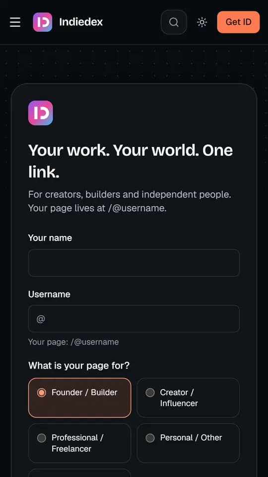 The Indiedex sign-up screen